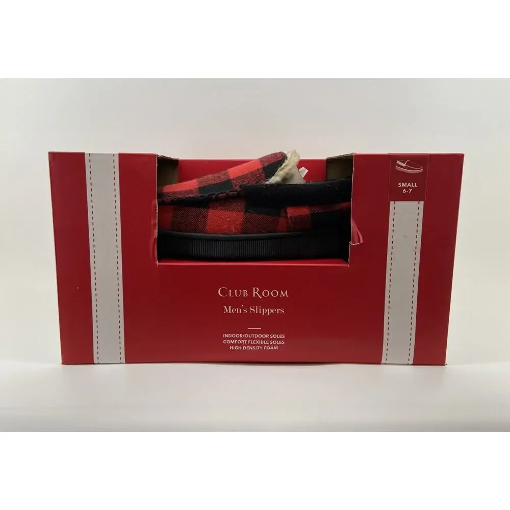 Club Room Men's Cushioned Red Plaid Slippers Size Small 6-7 NEW